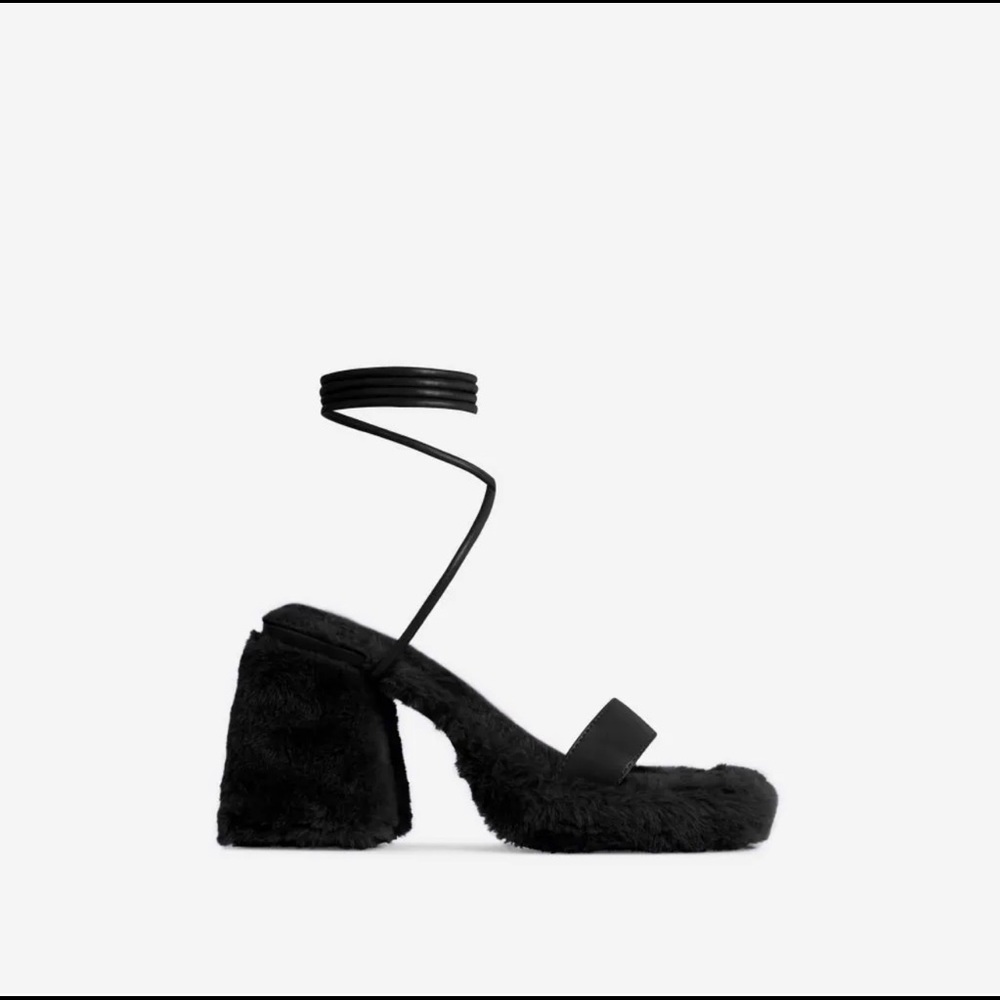 LACE UP FAUX FUR DETAIL SQUARE TOE PLATFORM FLARED BLOCK HEEL